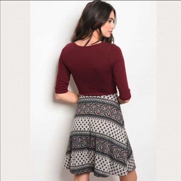 Burgundy and Taupe Paisley Print Dress - Picture 3 of 3